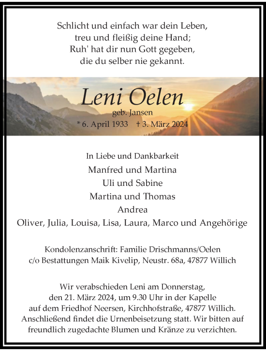 Traueranzeige von Leni Oelen von trauer.extra-tipp-moenchengladbach.de