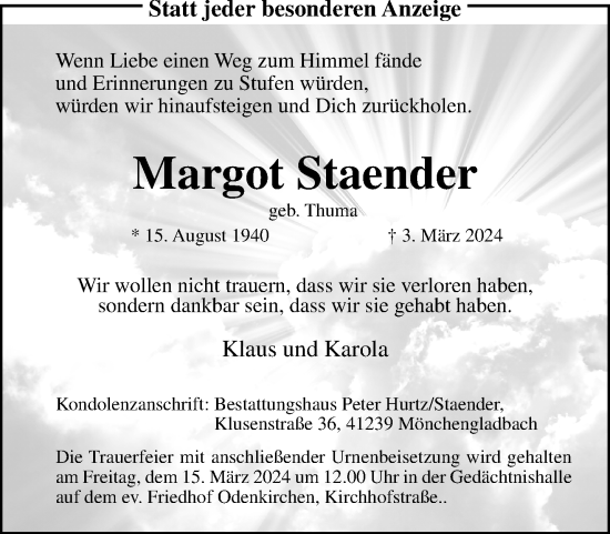 Traueranzeige von Margot Staender von trauer.extra-tipp-moenchengladbach.de