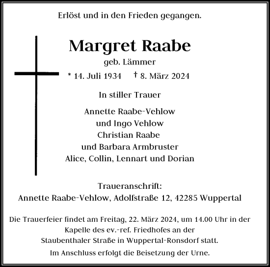 Traueranzeige von Margret Raabe von trauer.wuppertaler-rundschau.de