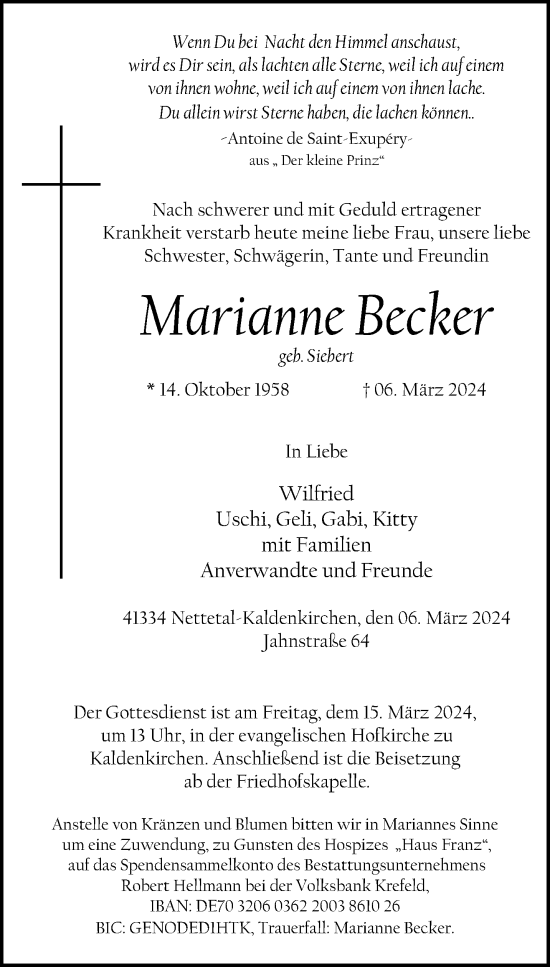 Traueranzeige von Marianne Becker von trauer.extra-tipp-moenchengladbach.de