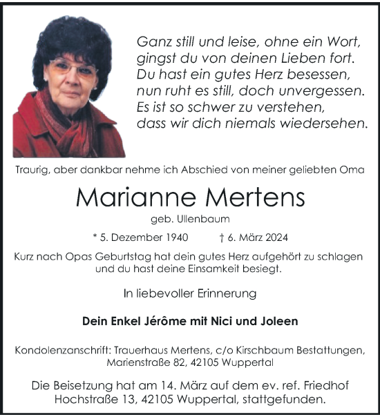 Traueranzeige von Marianne Mertens von trauer.wuppertaler-rundschau.de