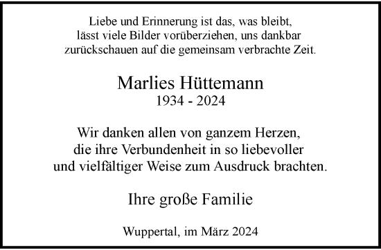 Traueranzeige von Marlies Hüttemann von trauer.wuppertaler-rundschau.de