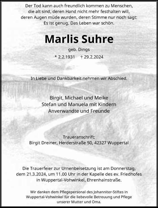 Traueranzeige von Marlis Suhre von trauer.wuppertaler-rundschau.de