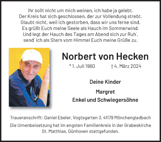 Traueranzeige von Norbert von Hecken von trauer.extra-tipp-moenchengladbach.de