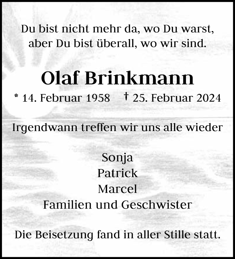  Traueranzeige für Olaf Brinkmann vom 16.03.2024 aus trauer.wuppertaler-rundschau.de
