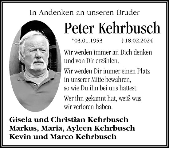 Traueranzeige von Peter Kehrbusch von trauer.extra-tipp-moenchengladbach.de