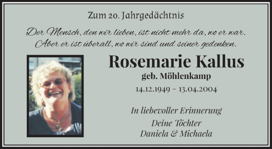 Traueranzeige von Rosemarie Kallus von trauer.extra-tipp-moenchengladbach.de