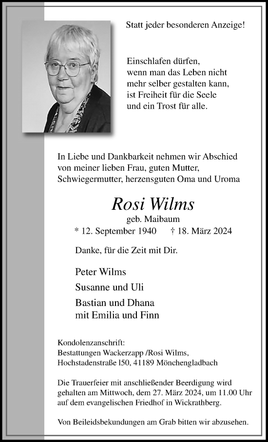 Traueranzeige von Rosi Wilms von trauer.extra-tipp-moenchengladbach.de