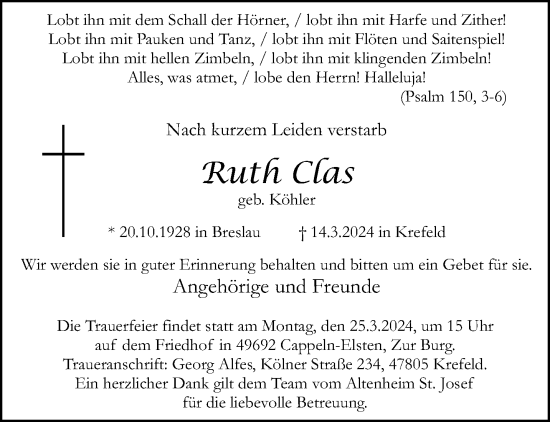 Traueranzeige von Ruth Clas von trauer.extra-tipp-moenchengladbach.de