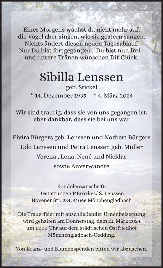 Traueranzeige von Sibilla Lenssen von trauer.extra-tipp-moenchengladbach.de