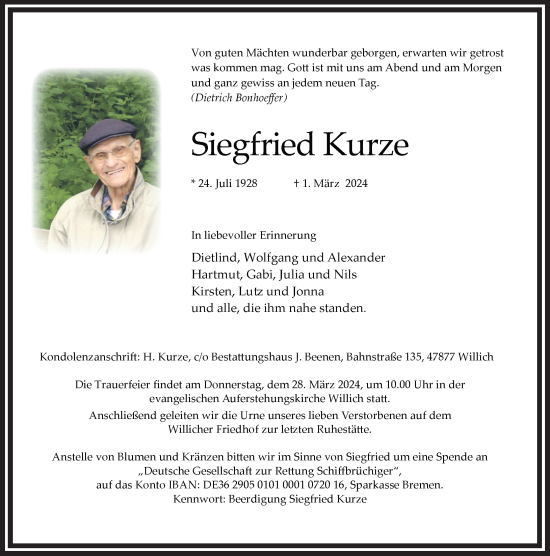 Traueranzeige von Siegfried Kurze von trauer.extra-tipp-moenchengladbach.de