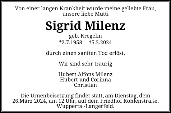 Traueranzeige von Sigrid Milenz von trauer.wuppertaler-rundschau.de