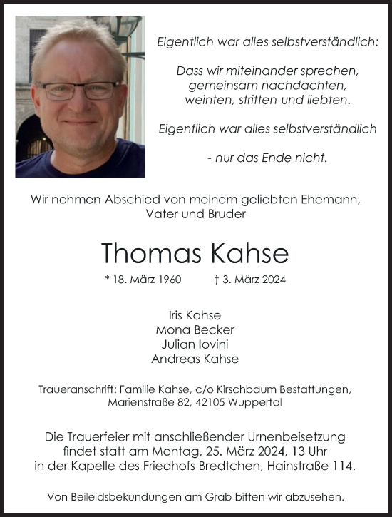 Traueranzeige von Thomas Kahse von trauer.wuppertaler-rundschau.de