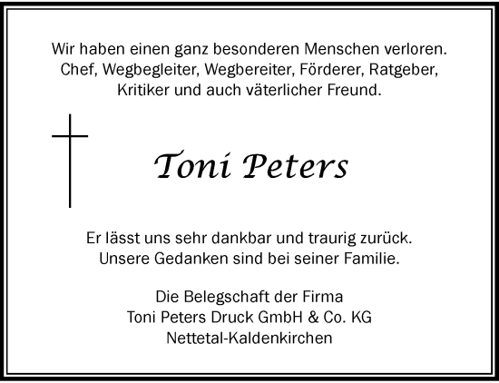 Traueranzeige von Toni Peters von trauer.extra-tipp-moenchengladbach.de