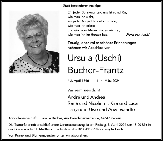 Traueranzeige von Ursula Bucher-Frantz von trauer.extra-tipp-moenchengladbach.de