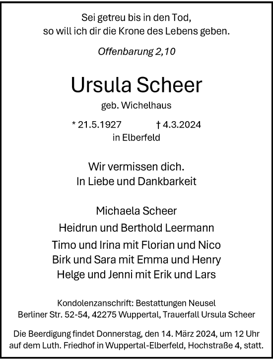Traueranzeige von Ursula Scheer von trauer.wuppertaler-rundschau.de