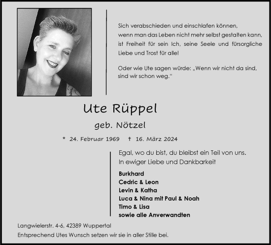 Traueranzeige von Ute Rüppel von trauer.wuppertaler-rundschau.de