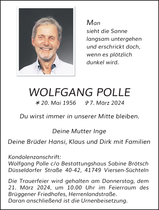Traueranzeige von Wolfgang Polle von trauer.extra-tipp-moenchengladbach.de