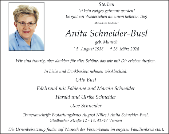 Traueranzeige von Anita Schneider-Busl von trauer.extra-tipp-moenchengladbach.de