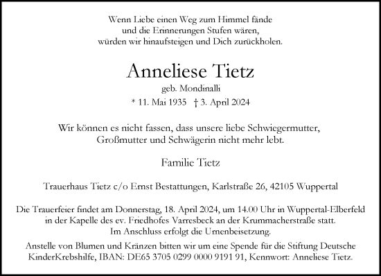 Traueranzeige von Anneliese Tietz von trauer.duesseldorfer-anzeiger.de
