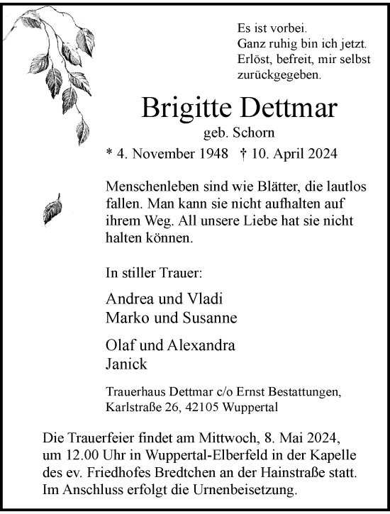 Traueranzeige von Brigitte Dettmar von trauer.wuppertaler-rundschau.de