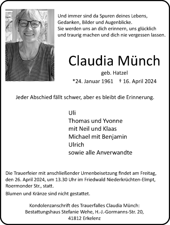 Traueranzeige von Claudia Münch von trauer.extra-tipp-moenchengladbach.de