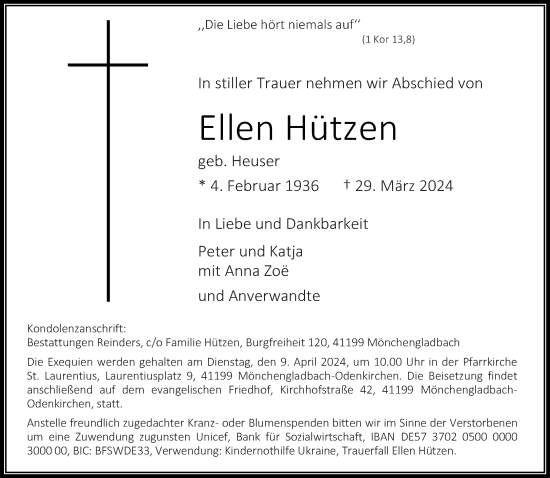 Traueranzeige von Ellen Hützen von trauer.extra-tipp-moenchengladbach.de