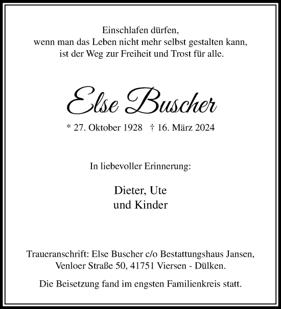 Traueranzeige von Else Buscher von trauer.extra-tipp-moenchengladbach.de