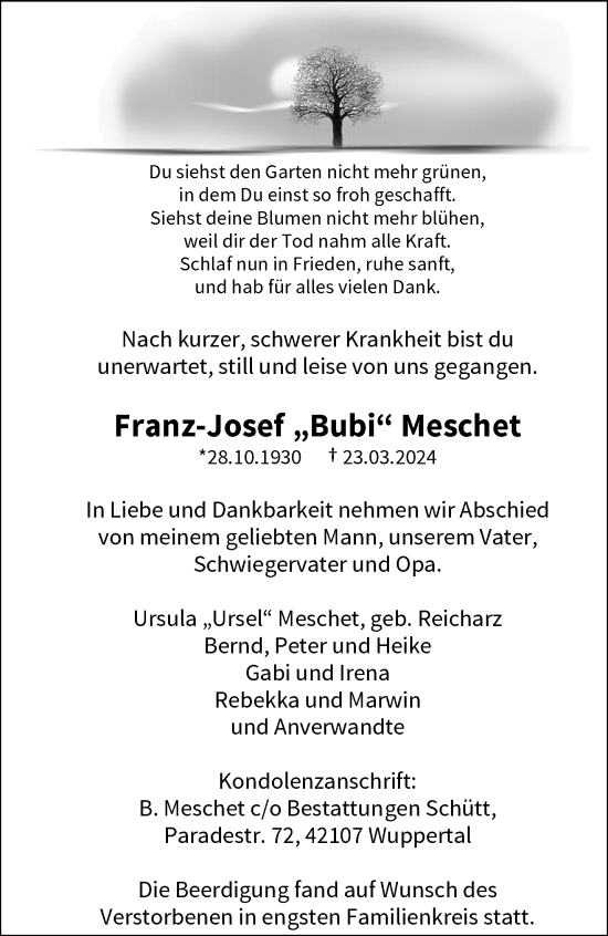 Traueranzeige von Franz-Josef Meschet von trauer.wuppertaler-rundschau.de