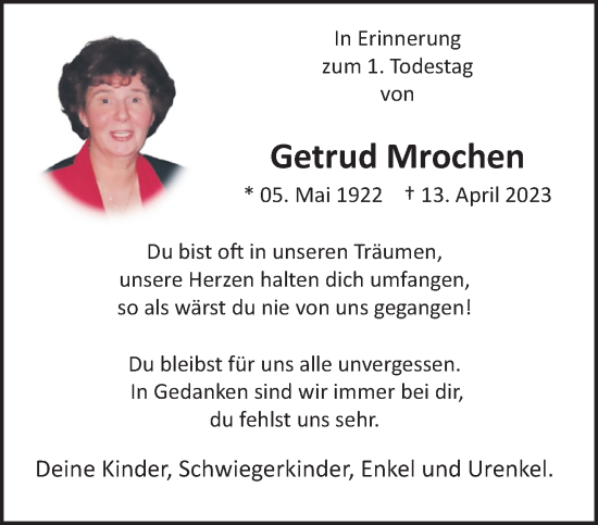 Traueranzeige von Getrud Mrochen von trauer.extra-tipp-moenchengladbach.de