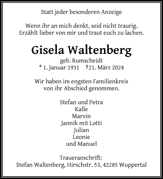 Traueranzeige von Gisela Waltenberg von trauer.wuppertaler-rundschau.de