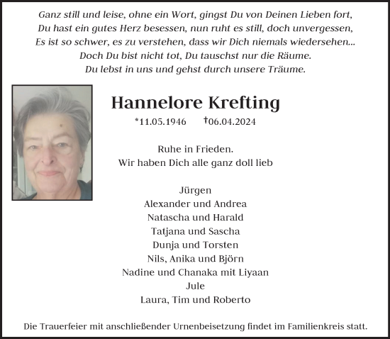 Traueranzeige von Hannelore Krefting von trauer.wuppertaler-rundschau.de