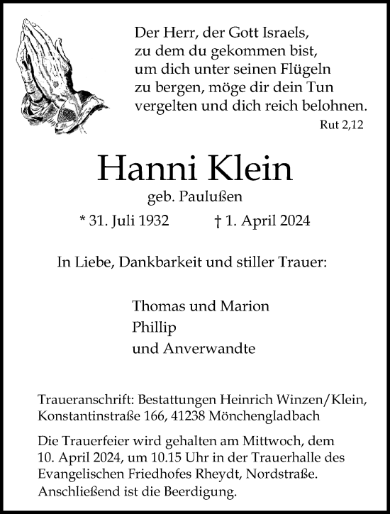Traueranzeige von Hanni Klein von trauer.extra-tipp-moenchengladbach.de