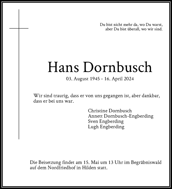 Traueranzeige von Hans Dornbusch von trauer.duesseldorfer-anzeiger.de