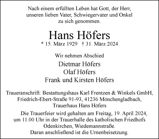 Traueranzeige von Hans Höfers von trauer.extra-tipp-moenchengladbach.de