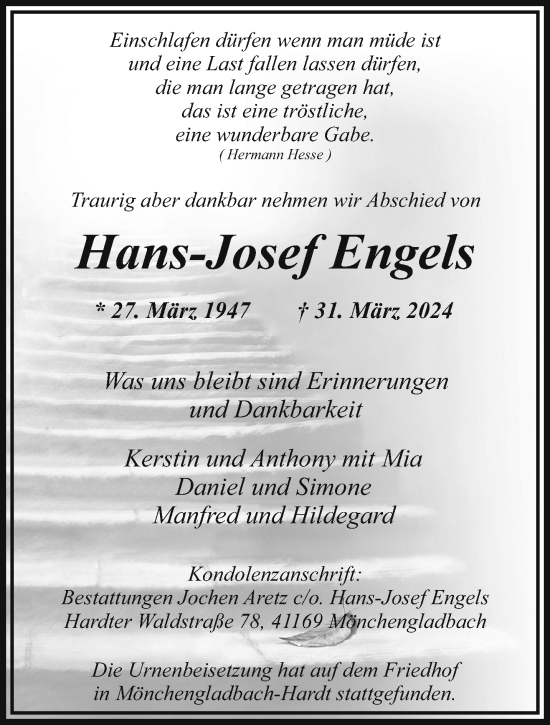 Traueranzeige von Hans-Josef Engels von trauer.extra-tipp-moenchengladbach.de