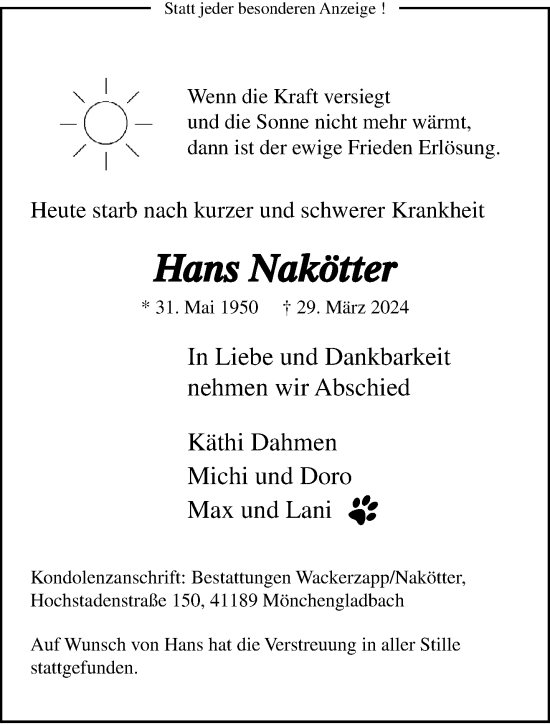 Traueranzeige von Hans Nakötter von trauer.extra-tipp-moenchengladbach.de