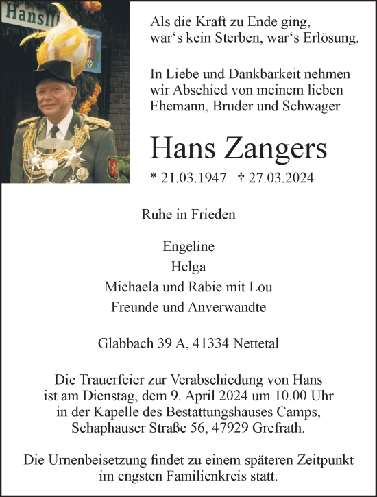 Traueranzeige von Hans Zangers von trauer.extra-tipp-moenchengladbach.de