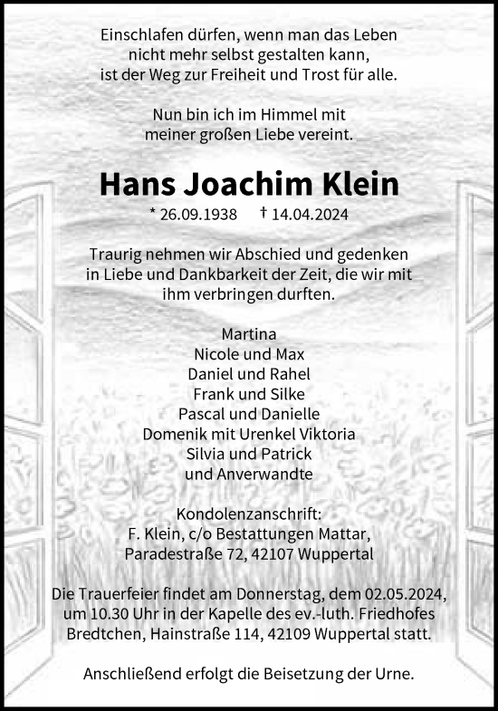 Traueranzeige von Hans Joachim Klein von trauer.wuppertaler-rundschau.de