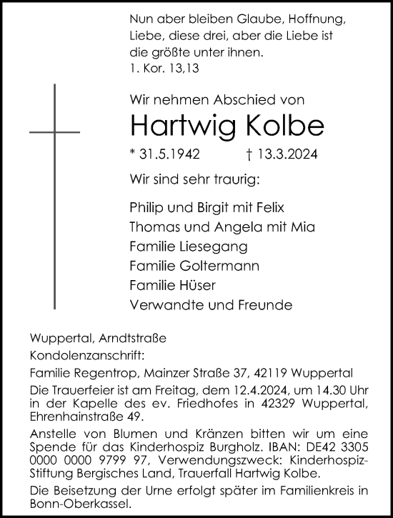 Traueranzeige von Hartwig Kolbe von trauer.wuppertaler-rundschau.de