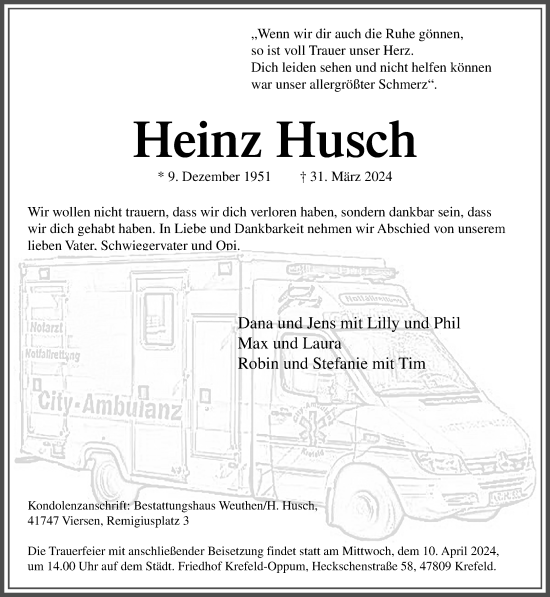 Traueranzeige von Heinz Husch von trauer.extra-tipp-moenchengladbach.de