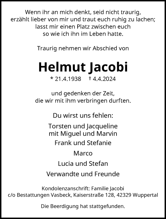 Traueranzeige von Helmut Jacobi von trauer.wuppertaler-rundschau.de