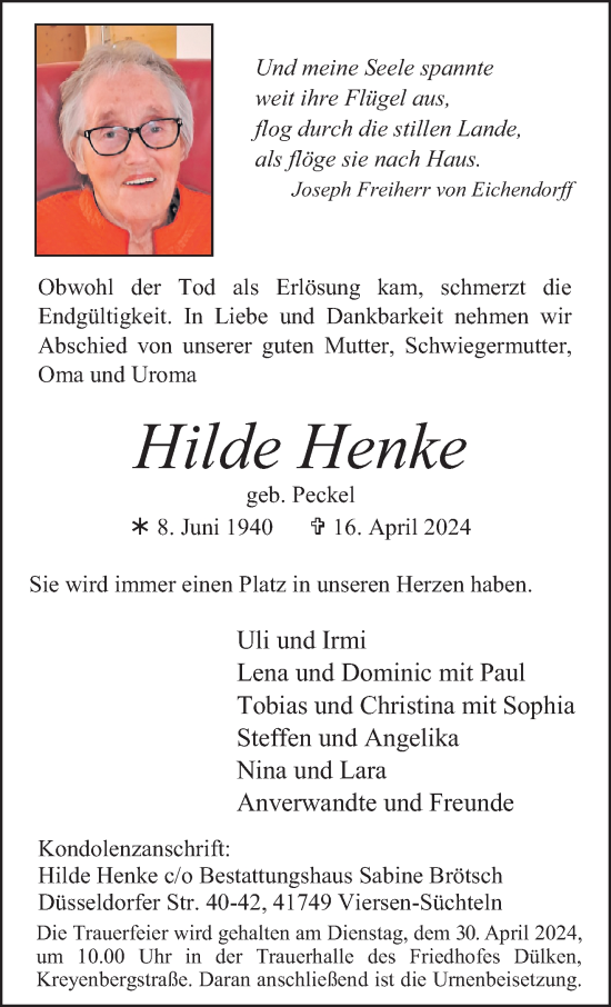Traueranzeige von Hilde Henke von trauer.extra-tipp-moenchengladbach.de
