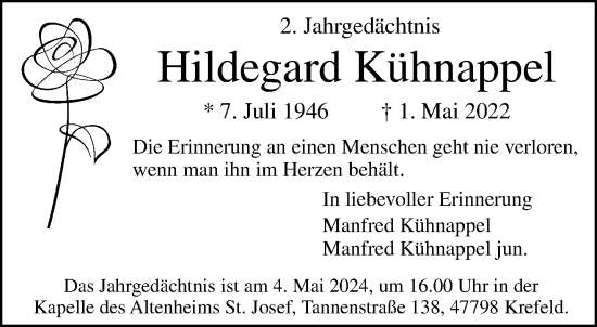 Traueranzeige von Hildegard Kühnappel von trauer.extra-tipp-moenchengladbach.de