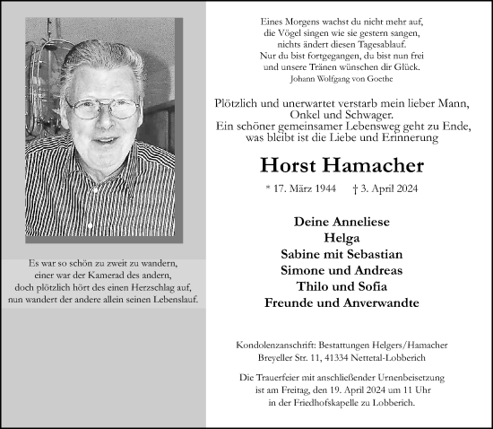 Traueranzeige von Horst Hamacher von trauer.extra-tipp-moenchengladbach.de