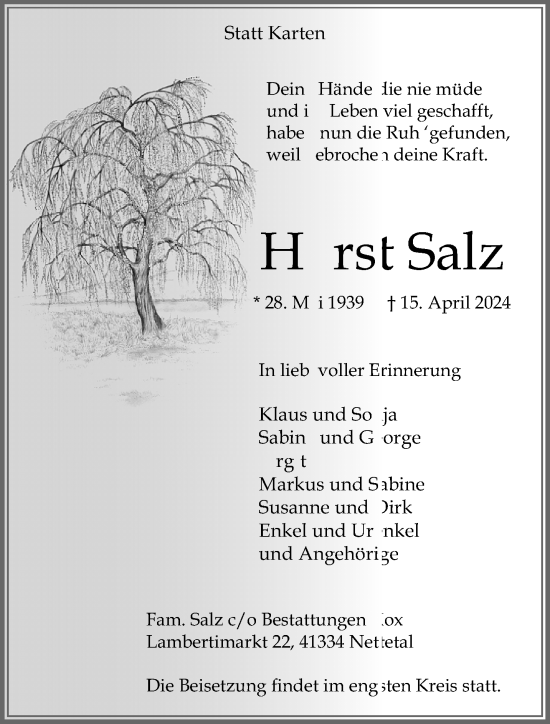 Traueranzeige von Horst Salz von trauer.extra-tipp-moenchengladbach.de