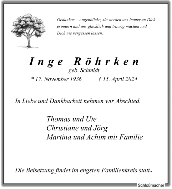 Traueranzeige von Inge Röhrken von trauer.duesseldorfer-anzeiger.de