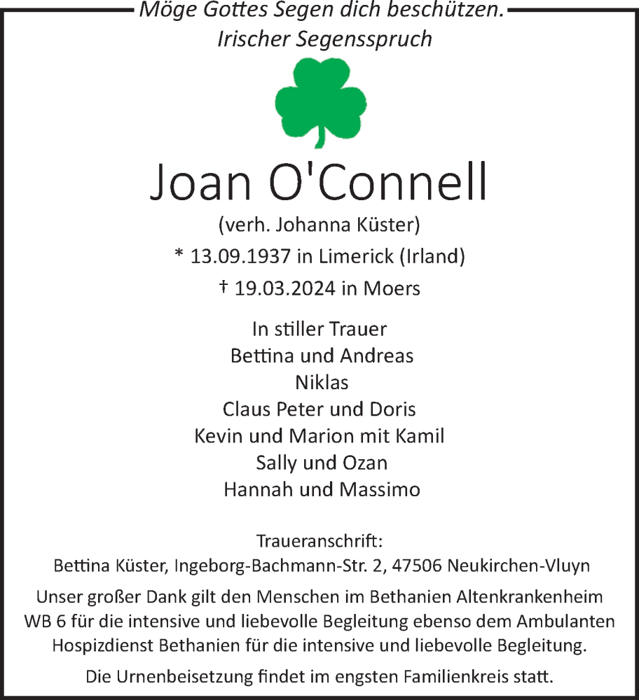  Traueranzeige für Joan OConnell vom 24.03.2024 aus trauer.extra-tipp-moenchengladbach.de
