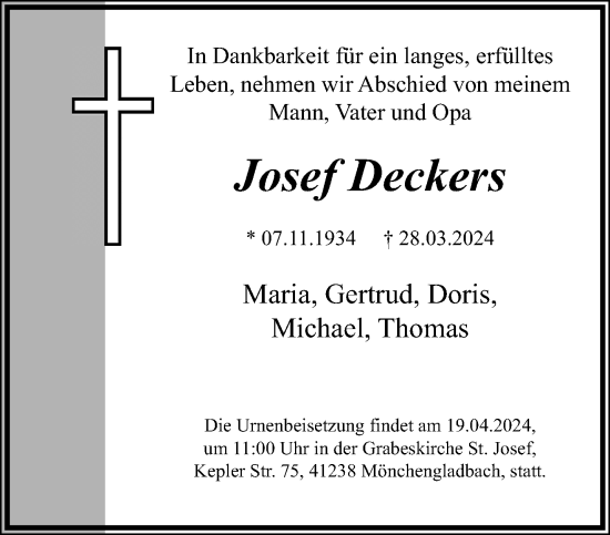 Traueranzeige von Josef Deckers von trauer.extra-tipp-moenchengladbach.de