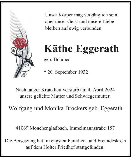 Traueranzeige von Käthe Eggerath von trauer.extra-tipp-moenchengladbach.de
